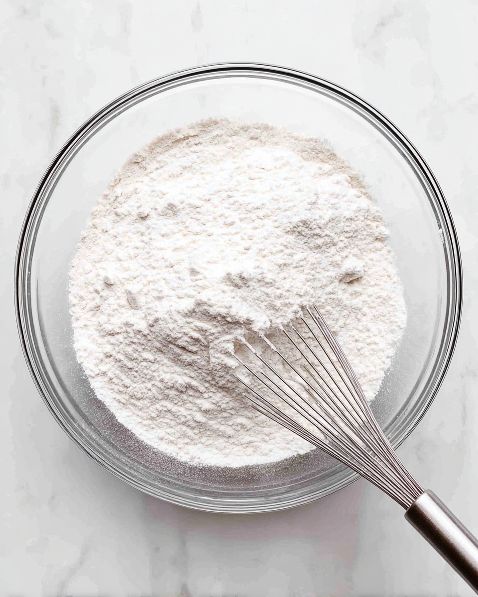 A clear glass bowl sits on a white marbled surface, filled almost to the top with fine white flour. A metal whisk rests inside the bowl on the right side, touching the flour, ready for mixing. The flour has a soft, powdery texture with small clumps visible. The scene is bright and clean with soft natural light. photo taken with an iphone --ar 4:5 --v 7