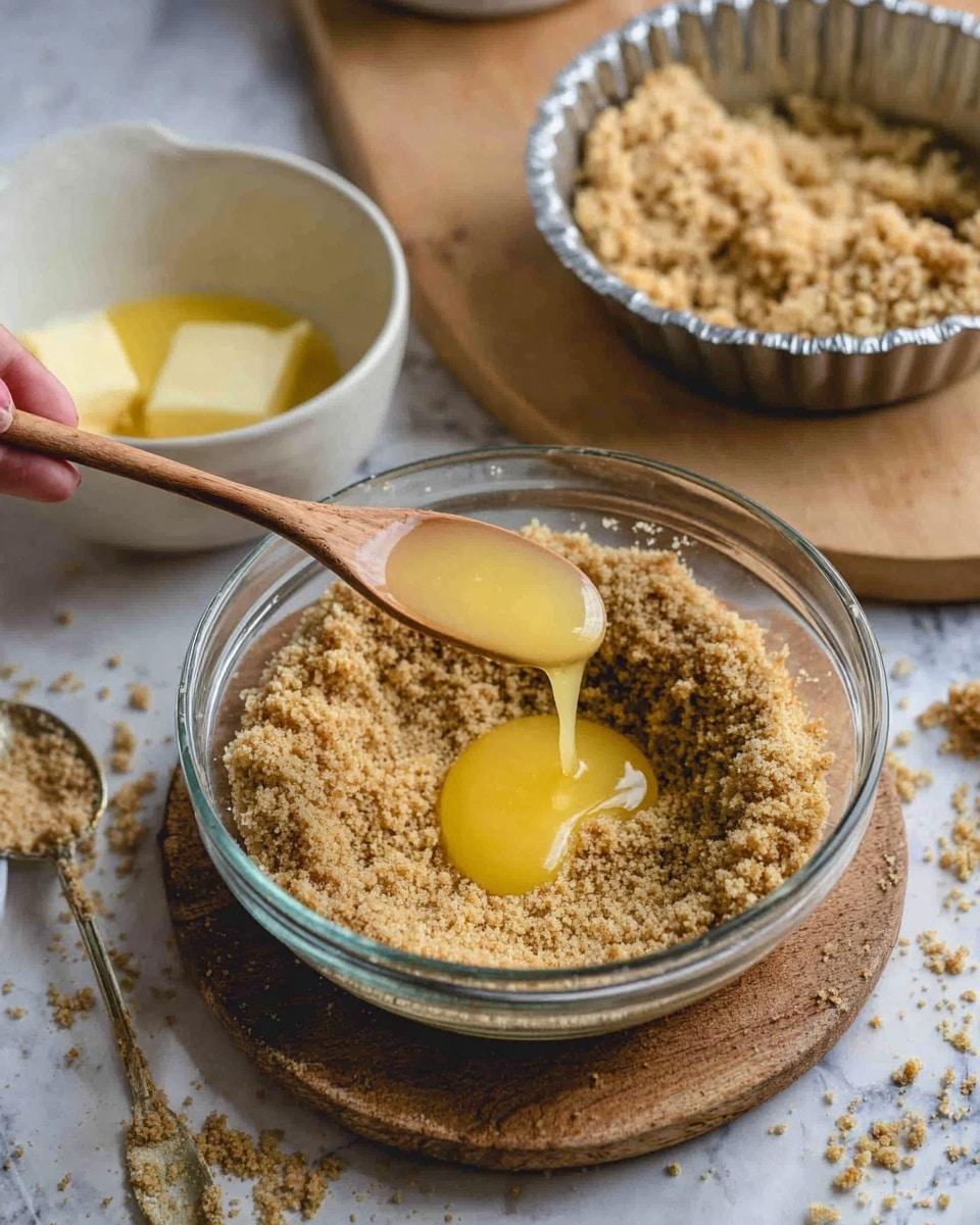 A clear glass bowl is filled with a crumbly light brown mix shaped around the edges with a small well in the center. A wooden spoon held by a woman's hand is pouring melted yellow butter into the crumbly mixture. Behind the bowl, there is a white bowl with a spoon and more melted butter and a metal bowl filled with the same crumbly mix, placed on a wooden board. Small crumbs of the mixture are scattered on a white marbled surface around the bowl. photo taken with an iphone --ar 4:5 --v 7
