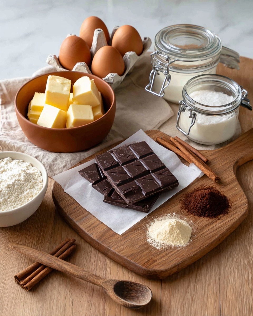 The image shows a wooden table with baking ingredients neatly arranged on it. In the center, there is a wooden board holding a partially broken dark chocolate bar on white parchment paper, with a twisted cinnamon stick next to it. To the right on the board, a small wooden spoon contains a dark powder, likely cocoa, and nearby are small piles of white and beige powders. Behind this, a clear glass jar with a metal clasp is filled with white sugar. To the left, there is a round terracotta bowl filled with thick cubes of yellow butter. Next to the butter, a group of brown and white eggs sits in a cardboard carton on a beige cloth. In the foreground, a white bowl holds a pale flour. In the bottom left corner, two cinnamon sticks are placed on the wooden table. The backdrop is a simple, clean white marbled texture. Photo taken with an iphone --ar 4:5 --v 7