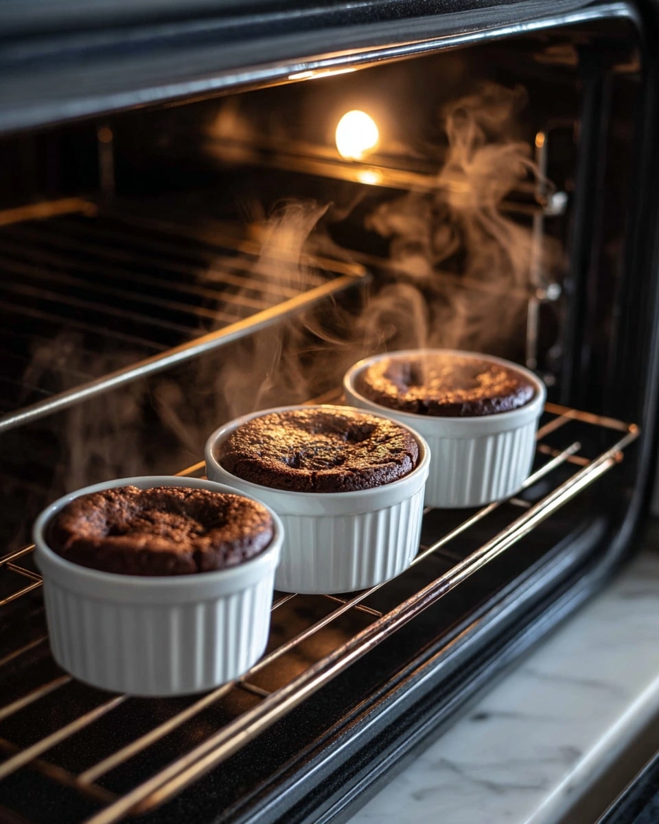 The image shows three small white ramekins placed in a row on an oven rack, each filled with a baked chocolate dessert that has risen above the rim with cracked, textured tops in deep brown colors. Steam is gently rising from the warm desserts, visible against the dark interior of the oven, with a bright oven light shining above them. The background includes the shiny metal oven walls and racks, with the setup resting on a white marbled surface. photo taken with an iphone --ar 4:5 --v 7