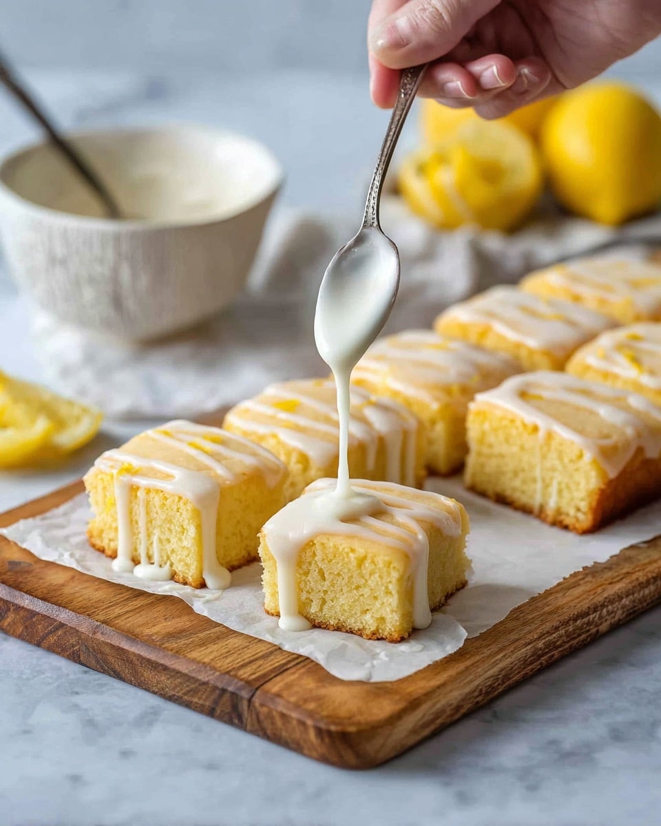 A white rectangular cake cut into nine square pieces sits on white parchment paper on a wooden board. The cake has a light yellow color with a soft, moist texture. A woman's hand is holding a spoon over the cake, dripping smooth and creamy white icing in thin streams onto the top. In the background, there is a white textured bowl filled with the same icing, two whole yellow lemons, and more cake pieces on another white rectangular board. The scene has a clean look with a white marbled surface beneath everything. Photo taken with an iphone --ar 4:5 --v 7