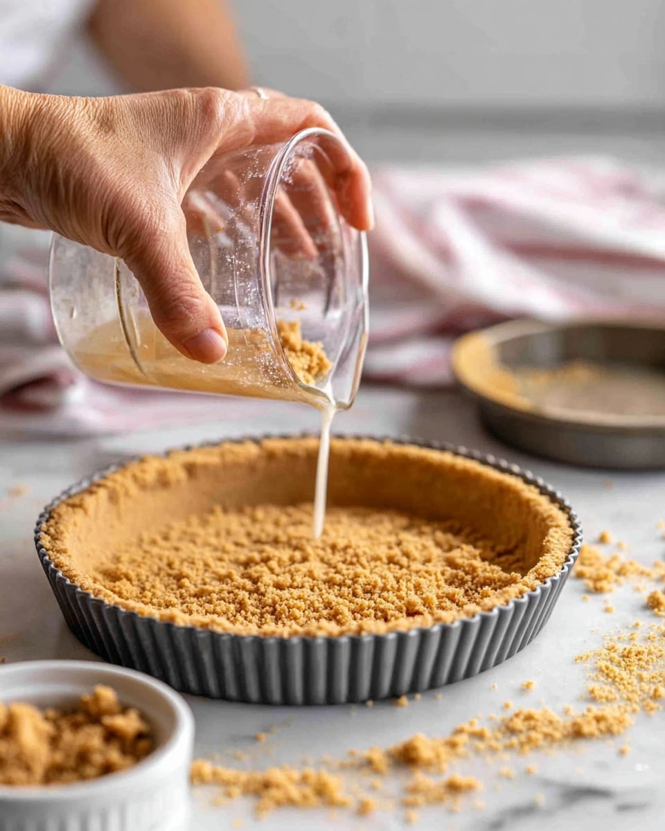 A close-up shot shows a woman's hand pouring a liquid from a clear measuring cup into a crumbly light brown crust in a gray pie pan with a ridged edge. The crust has a rough, crumbly texture and is evenly spread in the pan. Small piles of crumbs are scattered on a white marbled surface around the pan. In the foreground, there is a small white bowl filled with the same crumbs. The background is softly blurred, showing part of another pan and a striped cloth. The image focuses on the action and texture of the crust being added to the pan. photo taken with an iphone --ar 4:5 --v 7