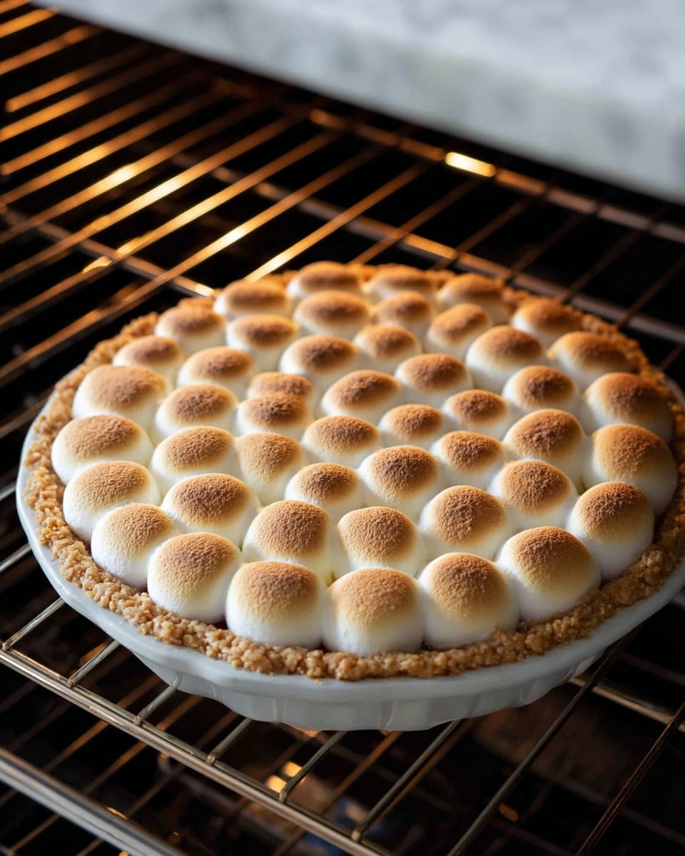 A round pie with a golden brown crust sits on an oven rack. The top layer is made of many toasted marshmallows, each puffed and browned evenly with a slightly darker spot on the top center, creating a pattern of soft, round white mounds with toasted tips. The crust is thick, firm, and a warm light brown color, holding the marshmallow layer tightly. The pie dish is white, and the background shows the metal racks inside the oven, all set against a white marbled texture. Photo taken with an iphone --ar 4:5 --v 7