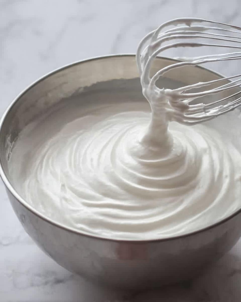 A shiny silver bowl filled with smooth, white whipped cream that has soft peaks with a swirl pattern in the center. A metal whisk is lifting through the whipped cream, showing its light and airy texture. The bowl sits on a white marbled surface. Photo taken with an iphone --ar 4:5 --v 7