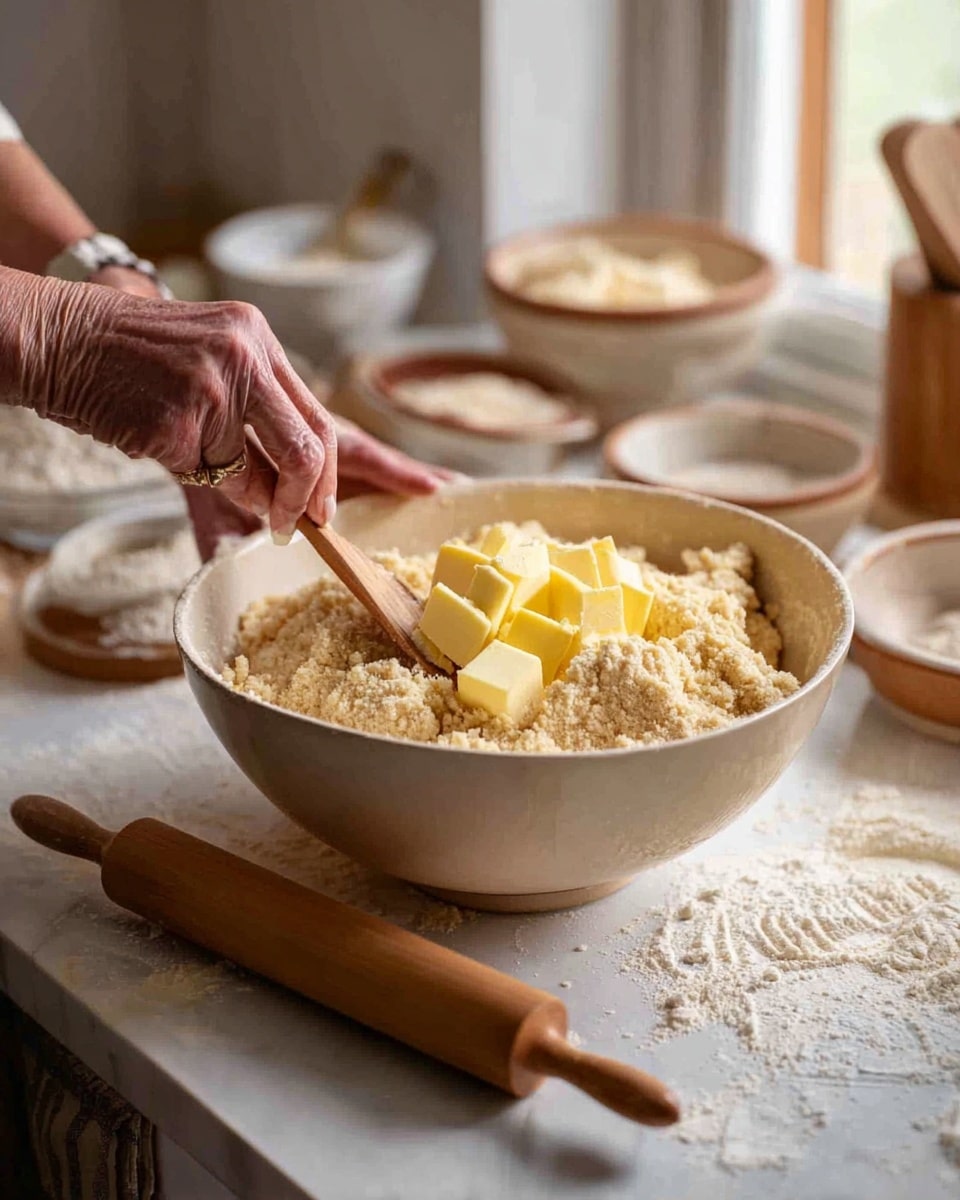 A large white bowl sits on a white marbled surface, filled with a light beige crumbly dough mixture topped with bright yellow cubes of butter. A person's hands, one holding a wooden spoon mixing the contents, are visible above the bowl. Around the bowl, there is scattered flour and a wooden rolling pin resting on the surface. In the background, there are more bowls with various dry ingredients and a window letting in soft natural light. Photo taken with an iphone --ar 4:5 --v 7