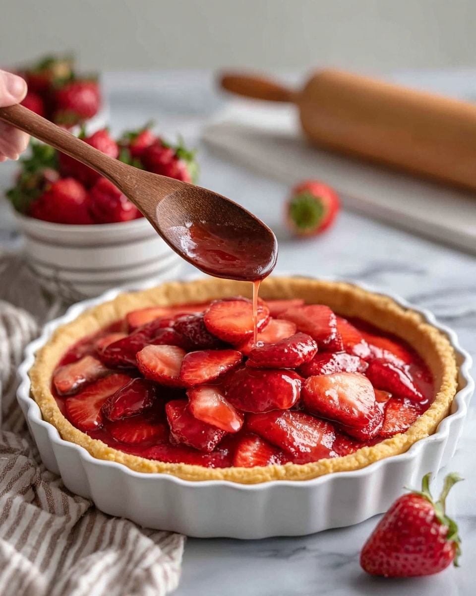 The dish shows a white ceramic tart pan filled with a crust that is golden and textured along the edges. Inside the crust, there is a bright red strawberry filling topped with large pieces of fresh, sliced strawberries in different shades of red, slightly glossy with syrup. Above the tart, a woman's hand holds a wooden spoon dripping strawberry sauce, showing texture and shine. In the background, a bowl filled with fresh red strawberries sits on a soft striped towel that covers part of a white marbled surface. A rolling pin is placed behind the bowl, softly blurred. One whole strawberry rests on the marble surface near the tart. photo taken with an iphone --ar 4:5 --v 7