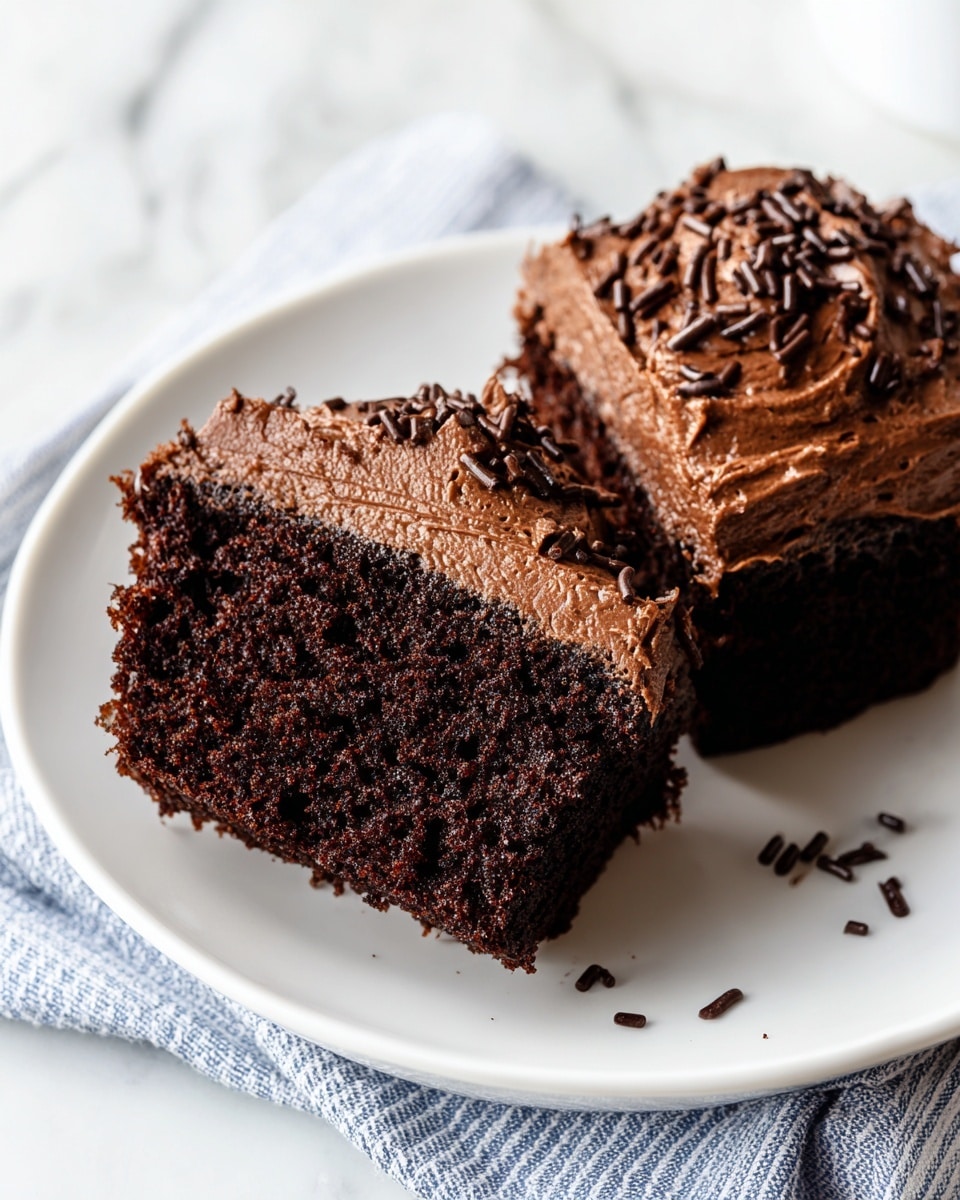 Two pieces of chocolate cupcake sit side by side on a white plate. Each piece has one main layer of dark brown, moist cake with a soft, spongy texture. The top of each cupcake is covered with a thick layer of smooth, rich chocolate frosting that has a slightly rough, swirled surface. Small, dark chocolate sprinkles are scattered on top of the frosting and a few lie on the plate near the cupcakes. The plate rests on a white marbled surface with a blue and white striped cloth next to it. Photo taken with an iphone --ar 4:5 --v 7