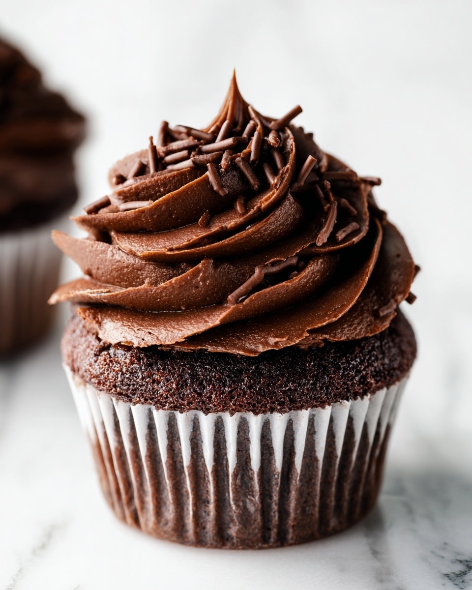The image shows a close-up of a chocolate cupcake with two main layers. The bottom layer is a moist, dark brown chocolate cake with a slightly shiny surface. It sits inside a white paper cupcake liner with ridges. The top layer is a thick swirl of smooth, rich dark brown chocolate frosting, piped in three rounded rings that build up to a pointed peak. Scattered on the frosting are small, thin chocolate sprinkles that add texture and contrast. The background is a white marbled surface. photo taken with an iphone --ar 4:5 --v 7