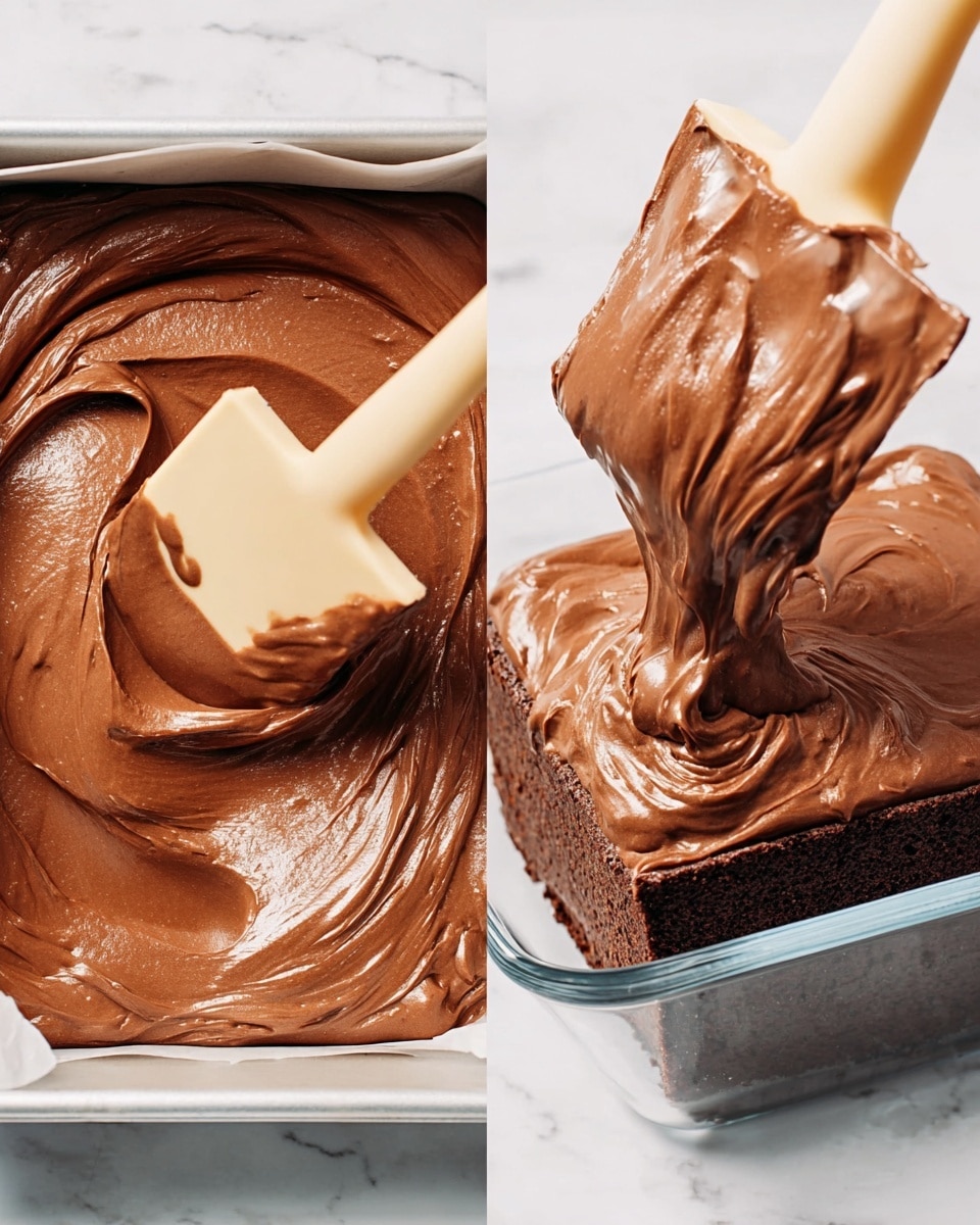 This image shows two close-up views of smooth and creamy chocolate mousse. On the left, a pale beige spatula with a wooden handle is stirring the chocolate mousse, which is thick and shiny with a rich brown color. On the right, the same spatula is lifting the mousse from a clear glass bowl, pouring it over an even layer of dark brown cake base inside a square baking pan lined with white parchment paper. The background surface is white with a marbled texture. Photo taken with an iphone --ar 4:5 --v 7