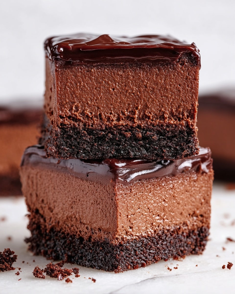 The image shows two thick square pieces of chocolate dessert stacked one on top of the other on a white marbled surface. Each piece has three layers: the bottom layer is a dark, crumbly chocolate crust, the middle layer is a dense, smooth chocolate mousse with a textured surface, and the top layer is a shiny, glossy chocolate glaze that looks slightly sticky and thick. Some crumbs are scattered around the base, adding a rustic touch. Photo taken with an iphone --ar 4:5 --v 7