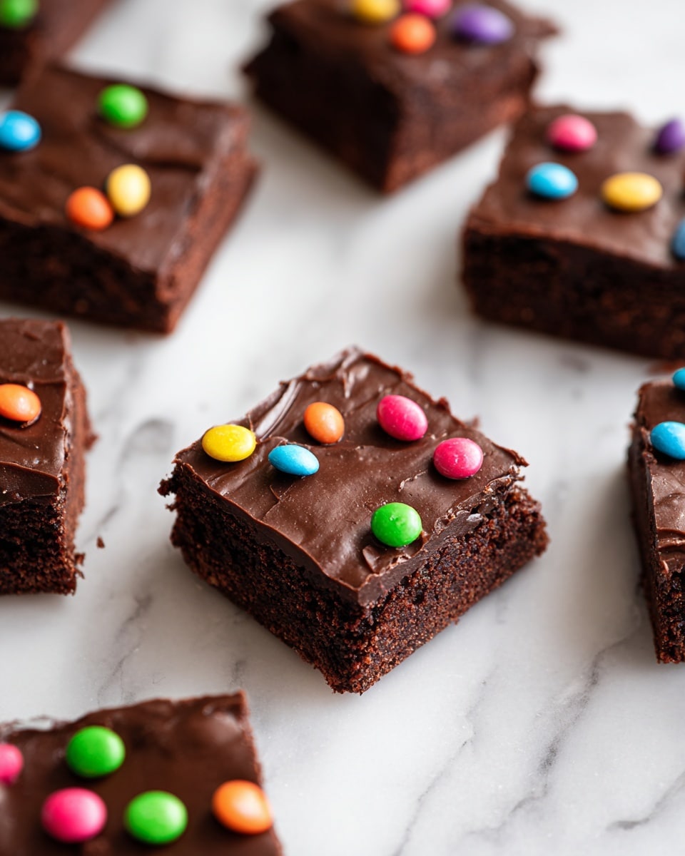 A grid of fifteen square chocolate brownies is shown on a white marbled surface, arranged in three rows and five columns. Each brownie has one thick layer of smooth, shiny dark chocolate frosting spread evenly on top with slight swirls and creases. Scattered randomly on the frosting are small, colorful candy-coated chocolate pieces in bright colors like red, green, yellow, orange, blue, pink, purple, and black. The brownies have clean, sharp edges showing the dense, moist chocolate base underneath. The image is bright and sharp, taken from above for a clear top view photo taken with an iphone --ar 4:5 --v 7