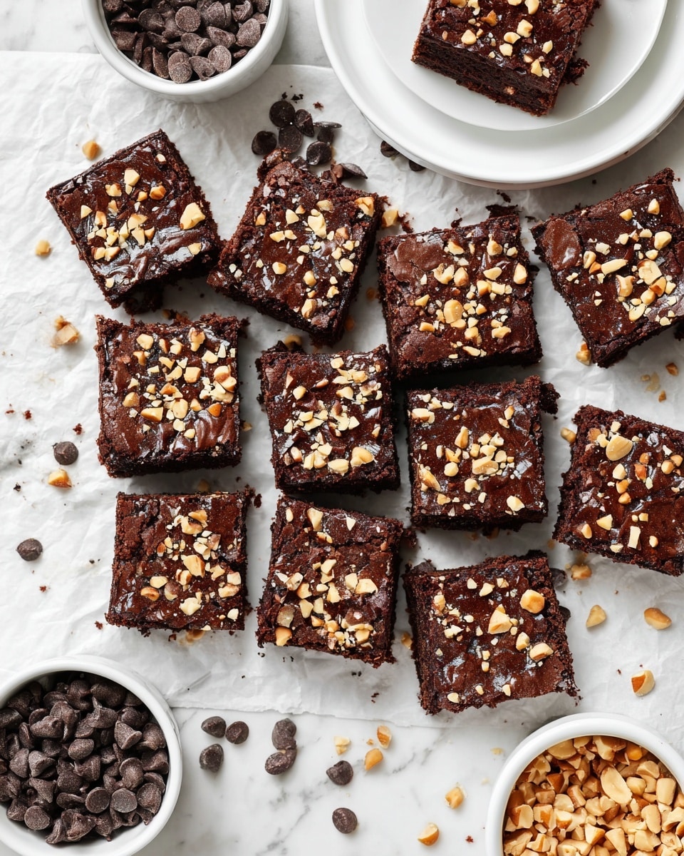 Three layers of rich, dark chocolate brownies stacked on a white plate placed on a white marbled surface. Each brownie layer is thick and moist with a dense, fudgy texture, showing bits of melted chocolate chips inside. The top brownie layer is decorated with chopped nuts and chocolate chips, adding a crunchy texture and light brown contrast to the deep brown of the brownies. Small pieces of nuts and chocolate chips are scattered around the plate. In the background, there is a blurred white cup with a light-colored hot drink, creating a warm and cozy feel. Photo taken with an iphone --ar 4:5 --v 7