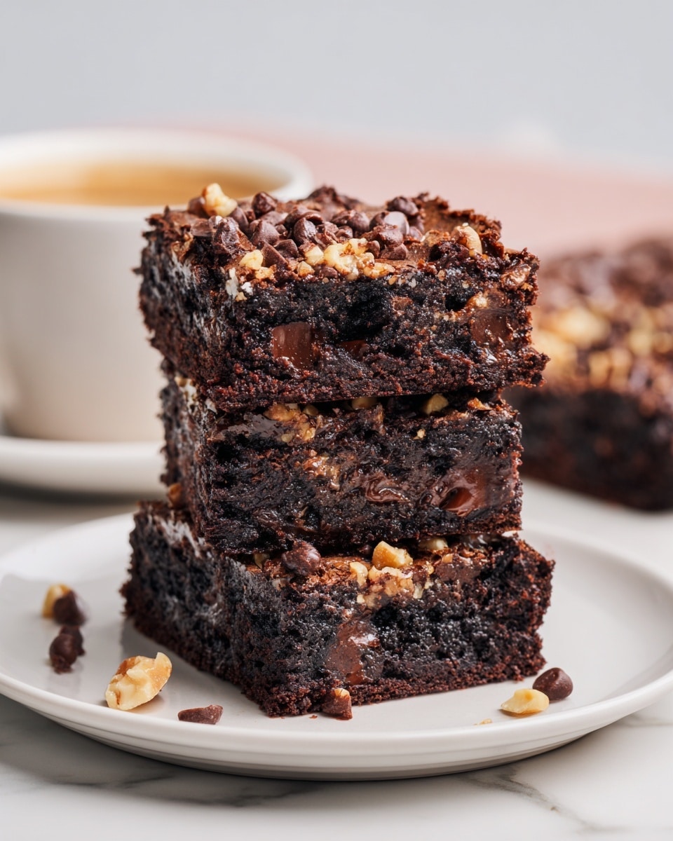 The image shows multiple square chocolate brownies arranged on white parchment paper over a white marbled surface. Each brownie has a shiny, rich dark brown top layer sprinkled generously with small pieces of light beige chopped nuts and scattered chocolate chips. The inside layers, visible at the edges, look moist and dense dark brown. Around the brownies, there are scattered chocolate chips and nut pieces. In the scene, two white ceramic bowls are visible, one filled with dark chocolate chips in the bottom center and the other filled with chopped nuts on the bottom right. Part of a white plate with one brownie is visible in the top right corner, showing the same nut and chocolate chip topping. photo taken with an iphone --ar 4:5 --v 7