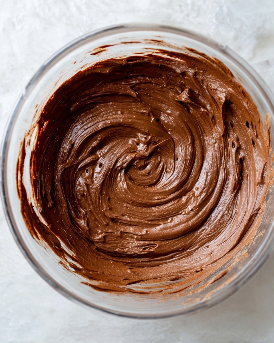 A close-up view inside a clear glass bowl shows a single smooth layer of chocolate batter being mixed. The batter is thick and creamy with a rich dark brown color, swirled in a circular pattern with visible texture marks and small air bubbles throughout. The bowl's rim is barely visible, holding the glossy chocolate mixture. The background surface is a white marbled texture. photo taken with an iphone --ar 4:5 --v 7