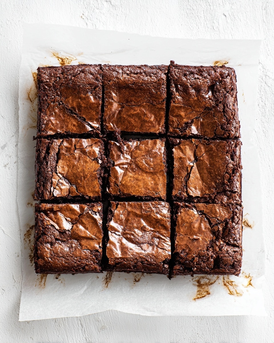 A square chocolate brownie is shown on white parchment paper on a white marbled surface. The brownie is cut into nine smaller square pieces with visible cracks on the shiny, dark brown top crust. The edges are slightly darker and thicker, showing a denser texture, while the inside layers are a bit lighter brown and appear soft and moist. The parchment paper beneath the brownie has some browned spots from baking. Photo taken with an iphone --ar 4:5 --v 7