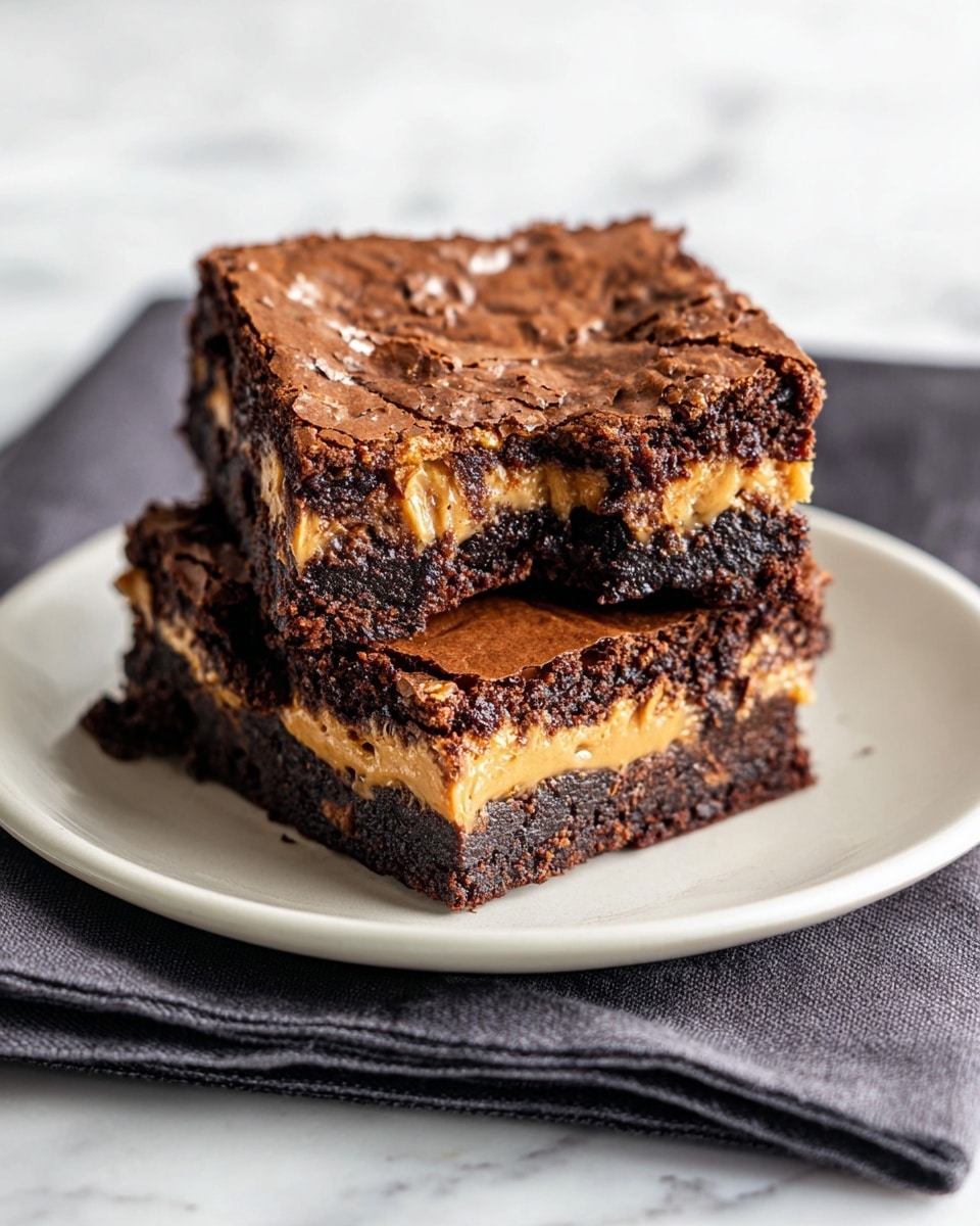 The image shows two square chocolate brownies stacked on top of each other on a white plate. Each brownie has three layers: a shiny, cracked dark brown top crust, a middle creamy light brown peanut butter layer, and a dense, moist dark brown bottom layer. The top brownie has a bite taken out of its side, revealing the smooth peanut butter layer inside. The plate sits on a dark gray cloth on a white marbled surface. The photo taken with an iphone --ar 4:5 --v 7