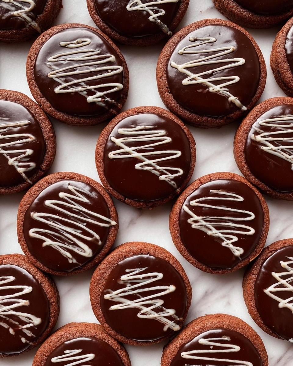 A group of round chocolate cookies is arranged closely together on a white marbled surface. Each cookie has a smooth, thick layer of dark chocolate glaze covering its top, giving a shiny and rich look. Across the chocolate layer, there is a thin, white creamy swirl decoration that stretches diagonally from one edge to the other. The cookies are evenly spaced and show a soft, slightly textured brown base beneath the glossy dark chocolate. photo taken with an iphone --ar 4:5 --v 7