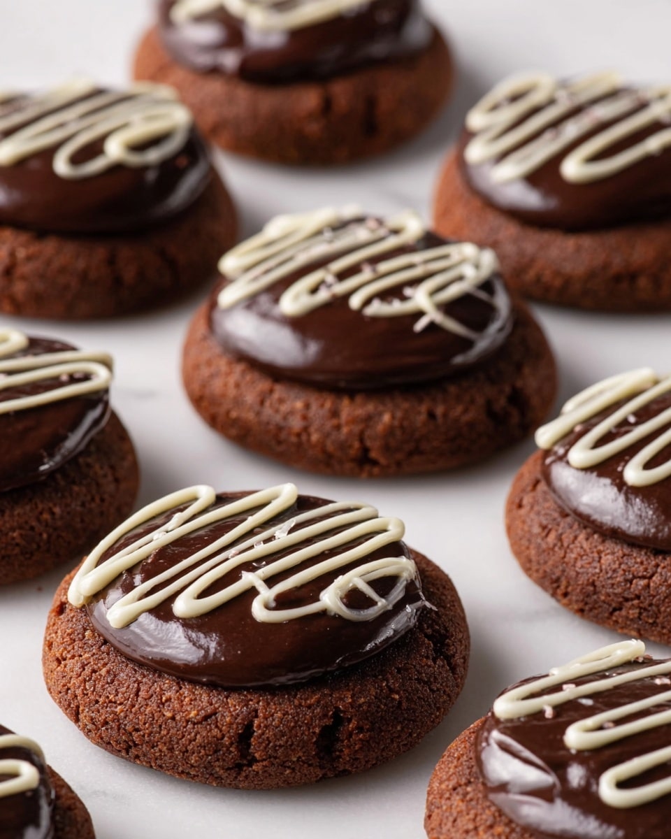 The image shows several round chocolate cookies arranged on a white marbled surface. Each cookie has two layers: the bottom layer is a textured, firm chocolate cookie of a medium brown color; the top layer is smooth, shiny dark chocolate frosting spread unevenly over the cookie's top surface. On top of the dark chocolate frosting, there is a thin white chocolate squiggle decoration running diagonally across each cookie. The cookies are placed closely together, filling the frame. Photo taken with an iphone --ar 4:5 --v 7