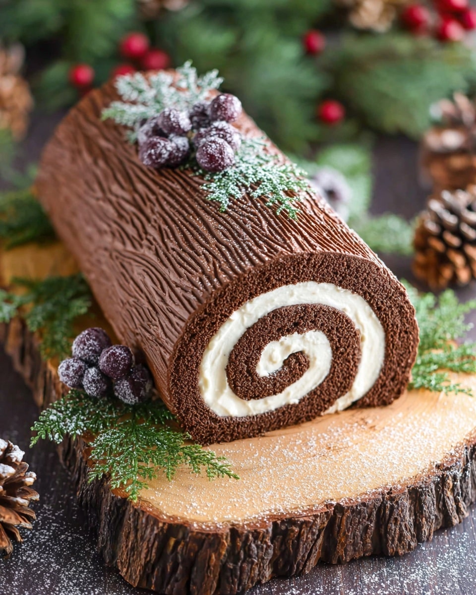This image shows a chocolate roll cake shaped like a log with two layers visible: the outer textured brown chocolate frosting layer with wood grain lines covering the entire cake, and the inner dark chocolate cake layer rolled with a smooth white cream layer creating a spiral pattern when viewed from the cut end. The log cake is placed on a wooden slab with rough bark edges and decorated with green pine leaves and red and purple sugared berries on top and around it, sprinkled lightly with white powdered sugar to mimic snow. The background has blurred natural holiday decorations. photo taken with an iphone --ar 4:5 --v 7