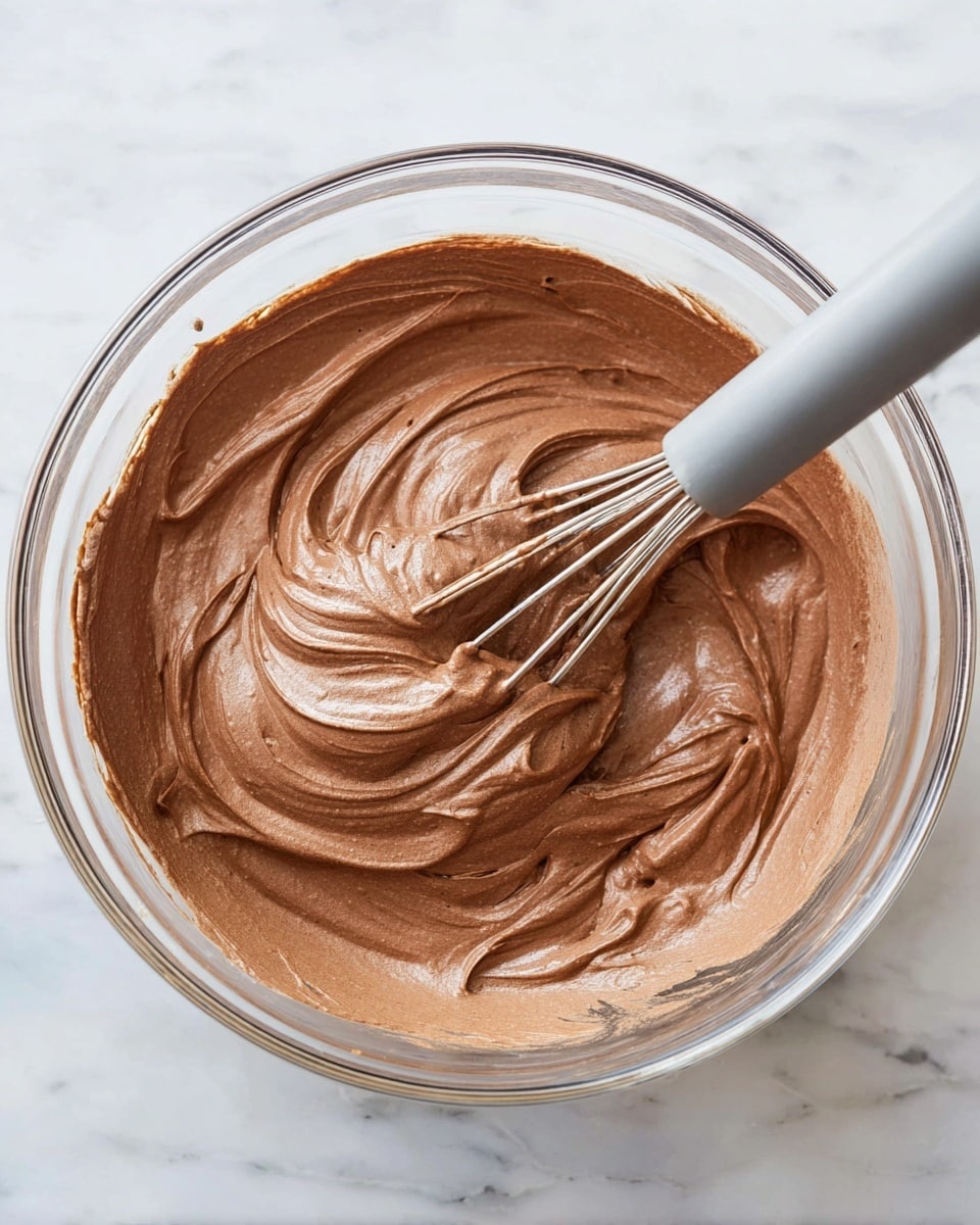 A clear glass bowl contains a smooth and creamy light brown chocolate mousse with thick, soft folds visible on its surface. A silver whisk with a grey silicone head is partially immersed in the mousse, showing some mousse clinging to it. The bowl sits on a white marbled surface, and the mousse has a shiny, airy texture with swirls and gentle peaks throughout the bowl. photo taken with an iphone --ar 4:5 --v 7