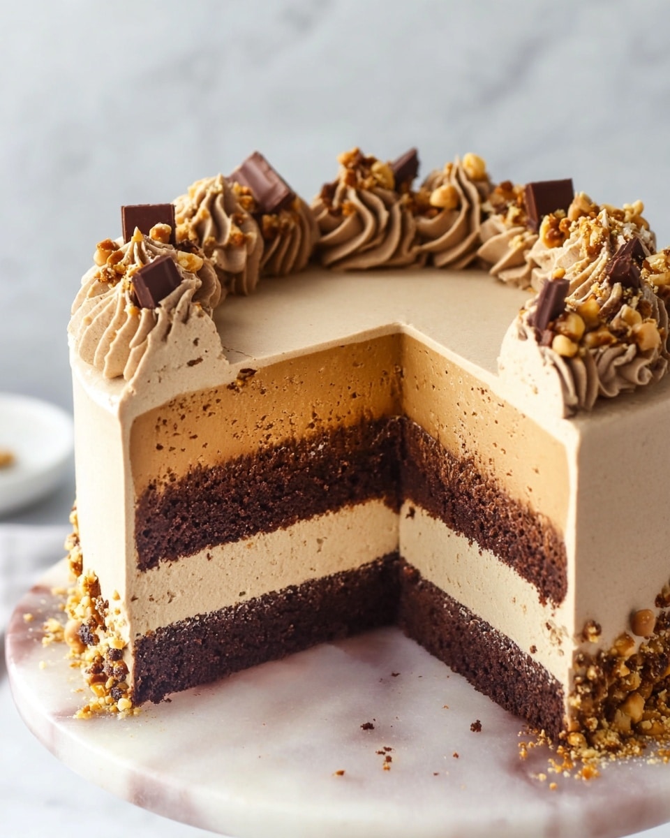The image shows a three-layered round cake on a white marbled surface. The bottom layer is dark brown and looks dense and moist. The middle layer is light brown and creamy, taller than the bottom layer. The top layer and sides are covered with smooth light brown frosting. Around the top edge, there are swirls of the same frosting, decorated with small bits of crushed nuts and chocolate pieces. Some crushed nuts and chocolate pieces are scattered around the base of the cake. A slice is taken out, showing the clear layers inside. Photo taken with an iphone --ar 4:5 --v 7