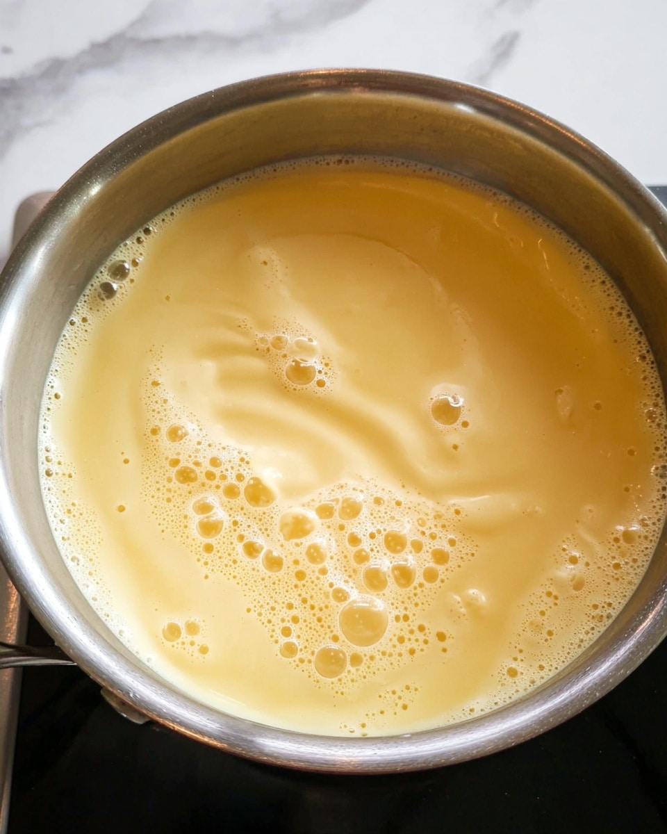 A close-up view inside a silver metal pot shows a creamy yellow liquid with a smooth, thick texture. The liquid surface has small bubbles and gentle swirls, creating a soft foam around the edges. The pot is placed on a black stovetop against a white marbled surface background. photo taken with an iphone --ar 4:5 --v 7