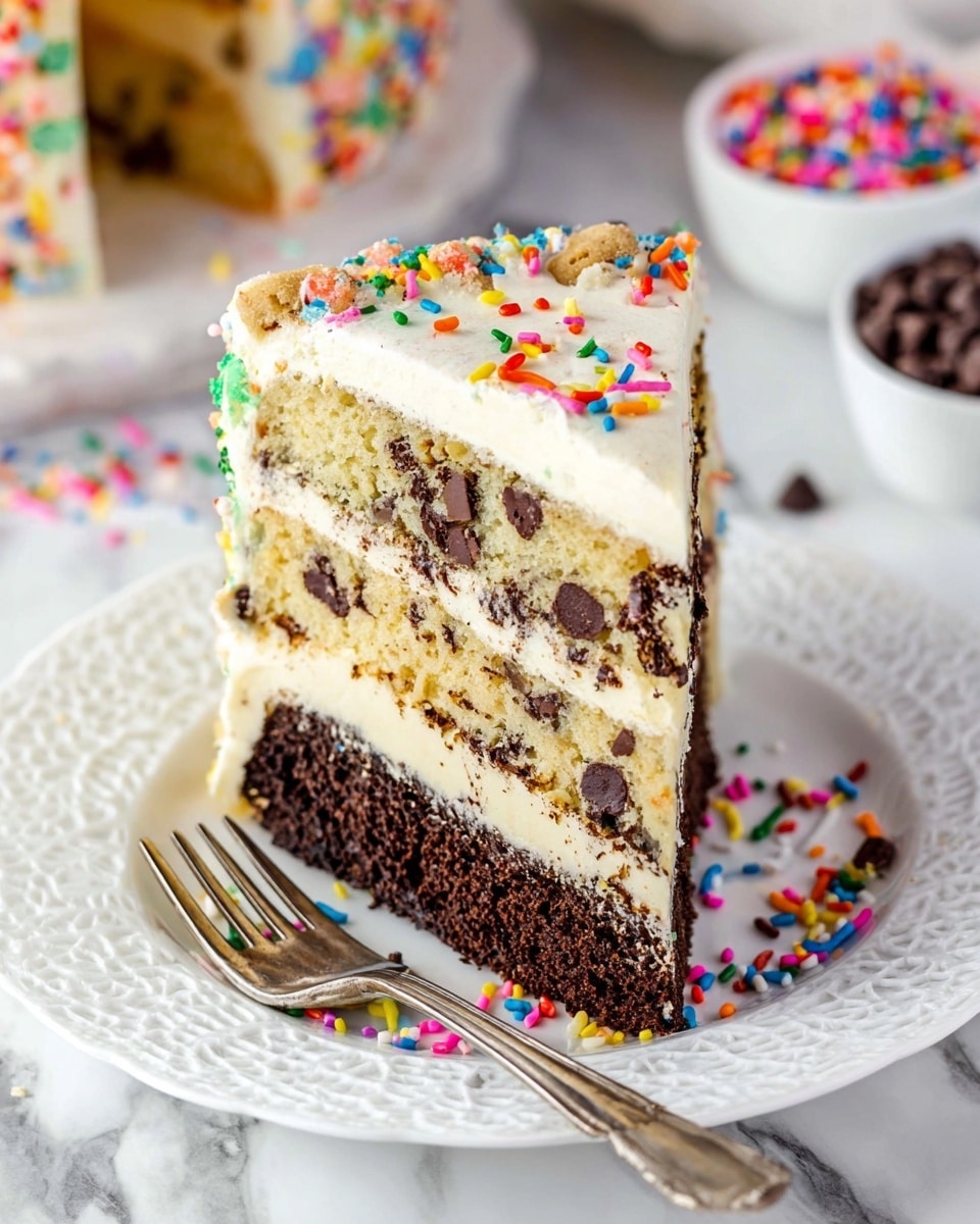 A slice of three-layer cake sits on a white plate with a lace-like rim, on a white marbled surface. The bottom layer is dark brown chocolate with visible chunks, the middle layer is light tan cookie dough with chocolate chips, and the top layer is a light cream color with colorful sprinkles mixed inside. Each cake layer is separated by a thick, smooth white frosting. To the right, more colorful sprinkles are scattered on the plate. A silver fork rests on the left side of the plate, partially visible. In the background, two blurred bowls contain colorful sprinkles and chocolate pieces. Photo taken with an iphone --ar 4:5 --v 7