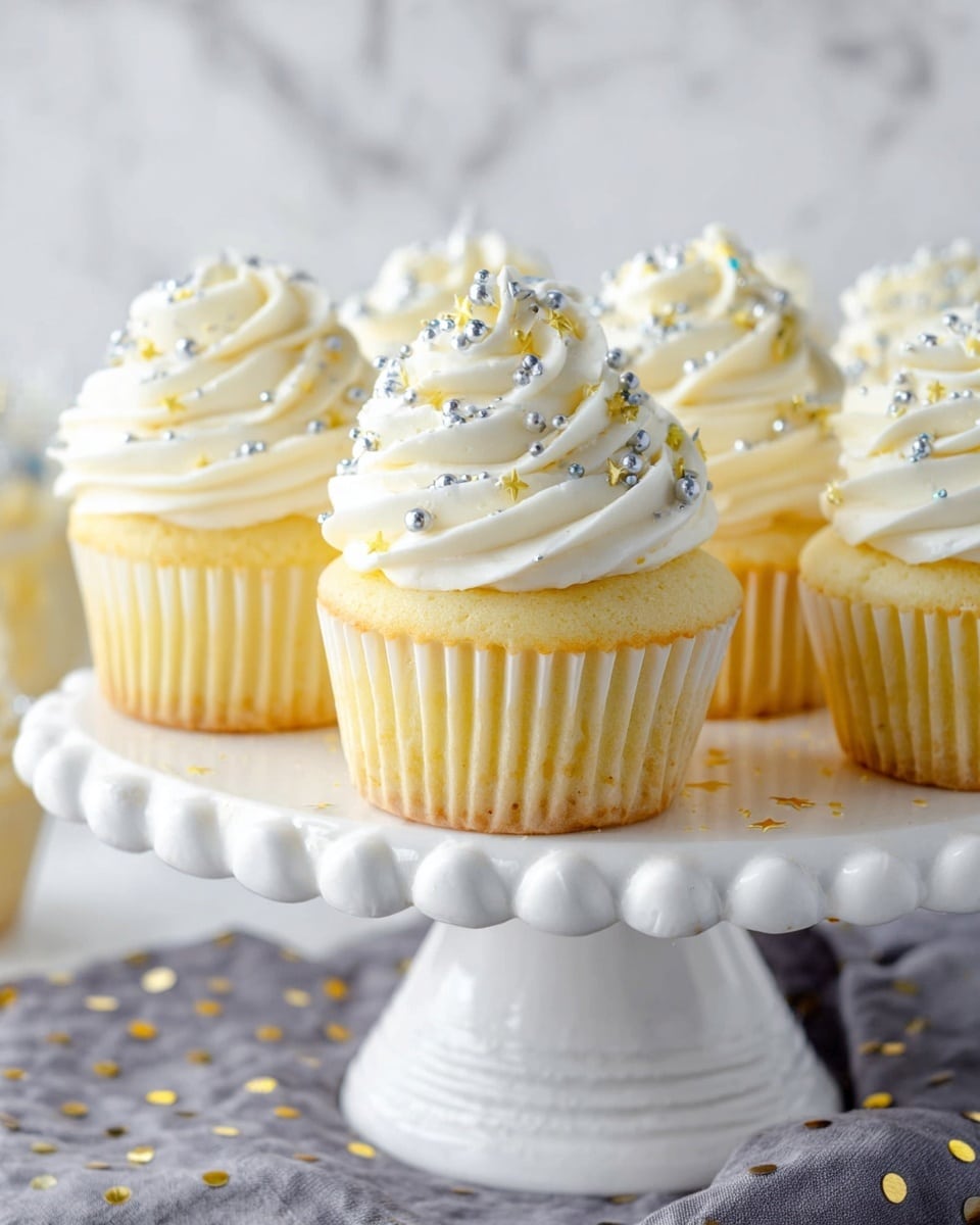 A group of light yellow cupcakes with one thick layer, topped with a tall swirl of white frosting. The frosting is decorated with small silver, white, and yellow star-shaped sprinkles scattered evenly on top. The cupcakes are placed on a white cake stand with a ruffled edge and textured base, sitting on a gray cloth with small gold dots. The background has a white marbled texture. photo taken with an iphone --ar 4:5 --v 7