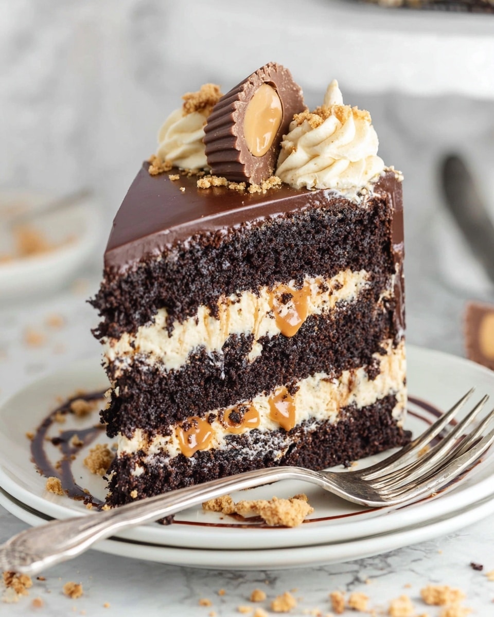 A slice of dark chocolate cake has three thick layers of moist chocolate sponge, separated by two layers of light creamy filling mixed with small cookie pieces. The top of the cake is covered with a smooth, shiny layer of dark chocolate ganache, decorated with a swirl of light cream, half a milk chocolate peanut butter cup, and sprinkled with crushed cookie crumbs. The slice sits on a white plate with a drizzle of chocolate sauce and scattered crumbs around it, with a silver fork beside it. The background has a white marbled texture. Photo taken with an iphone --ar 4:5 --v 7
