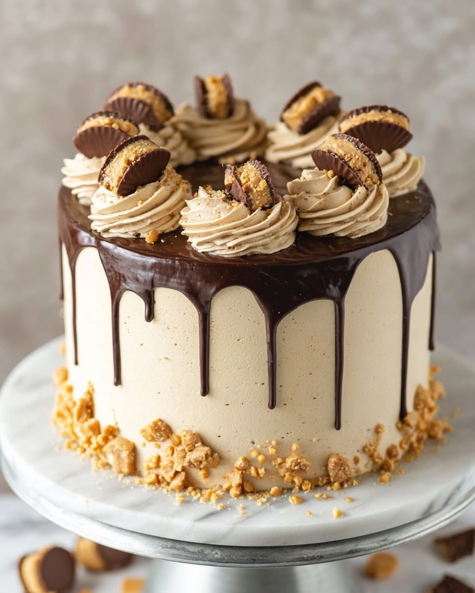 The image shows a tall round cake with three distinct layers, covered in smooth, light beige frosting. On top, there is a thick, shiny dark chocolate glaze that drips down the sides in uneven lines. Evenly spaced around the top edge are swirls of the same light beige frosting, each topped with half a chocolate peanut butter cup. Crushed pieces of peanut butter candy are sprinkled over the top and around the base of the cake, which sits on a white marbled surface on a silver cake stand. photo taken with an iphone --ar 4:5 --v 7
