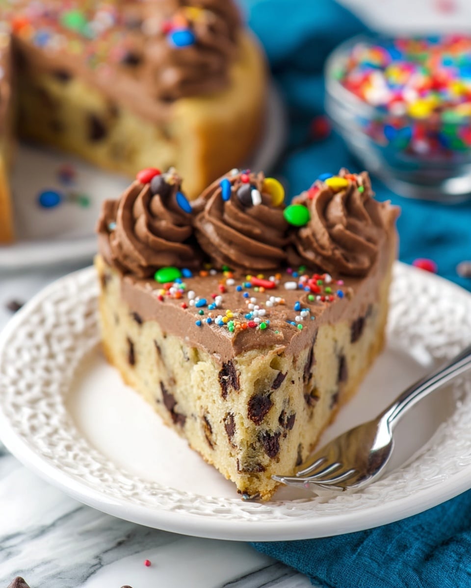 A slice of chocolate chip cookie cake is placed on a white decorative plate on a white marbled surface with a blue cloth underneath. The cake slice has two layers: a thick light beige cookie cake base embedded with dark chocolate chips and colorful small round sprinkles scattered on top. The top edge of the slice has three swirls of smooth chocolate frosting, each decorated with small colorful round sprinkles. A silver fork lifts a small triangular piece of the cake showing the soft texture with visible chocolate chips. The background includes a blurred bowl of colorful round sprinkles and more cookie cake. Photo taken with an iphone --ar 4:5 --v 7