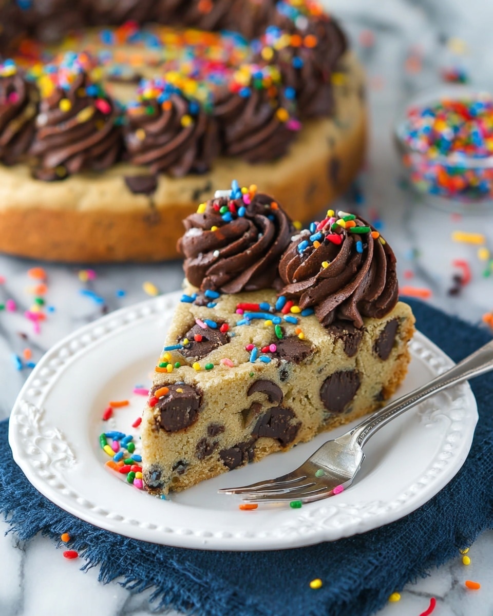A slice of thick chocolate chip cookie cake sits on a white plate with intricate edges, resting on a dark blue cloth. The cake has a light golden-brown color with dark chocolate chips embedded inside and scattered on top. Along the top edge of the slice, there are three large swirls of dark chocolate frosting, each decorated with small, round, colorful sprinkles in red, yellow, green, blue, and orange. More colorful sprinkles are scattered around the plate and on the white marbled texture surface beneath. A silver fork lies beside the slice. The background shows a blurred larger cookie cake with similar frosting and sprinkles. photo taken with an iphone --ar 4:5 --v 7
