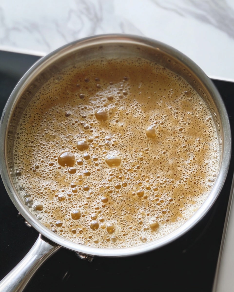 A close-up view of a shiny silver pan filled with bubbling light brown caramel syrup that has many small bubbles forming a frothy texture all over the surface, sitting on a black stovetop with a white marbled background around it, photo taken with an iphone --ar 4:5 --v 7