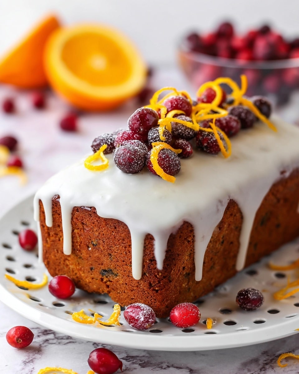 A rectangular brown cake with a rough, textured surface is covered with a thick layer of white icing that drips down the sides unevenly. On top, there is a small pile of shiny red and dark purple cranberries mixed with thin, curly strips of bright orange zest arranged in a loose cluster. The cake sits on a white plate with small holes around the edge, which is placed on a white marbled surface with scattered cranberries and thin orange zest curls around it. In the background, there is a clear bowl with more cranberries and some blurred orange wedges. Photo taken with an iphone --ar 4:5 --v 7