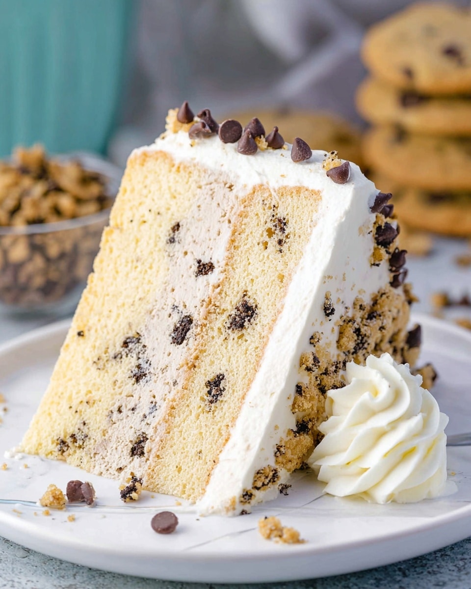 A slice of cake with three visible layers sits on a white plate with a white marbled texture underneath. The bottom and top layers are light yellow sponge cake with a soft texture, while the middle layer is a creamy filling speckled with small dark chocolate chips and cookie crumbs. The outside is covered with smooth white frosting, decorated with small chocolate chips and bits of cookie crumbs, and a swirl of white cream sits to the right of the slice. In the background, there are blurred chocolate chip cookies and a bowl full of small chocolate chips. The photo is taken with an iphone --ar 4:5 --v 7