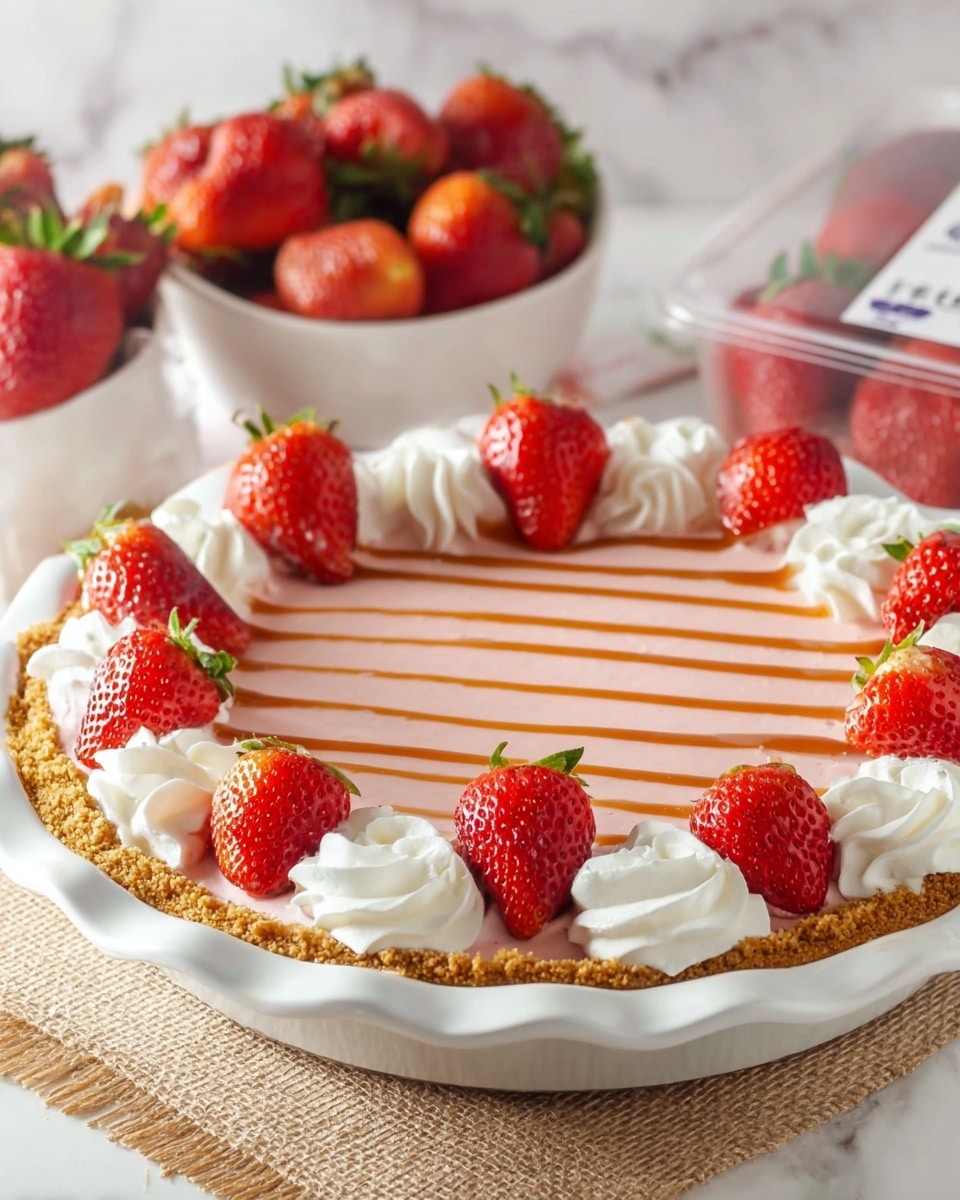The image shows a strawberry cream pie with four clear layers. The bottom layer is a crumbly light brown crust inside a white pie dish. Above the crust is a smooth pink cream layer that fills the pie base. On top of the pink cream, there are thin, glossy caramel-colored stripes arranged neatly across the surface. Around the edge of the pie, there are evenly spaced white whipped cream swirls. Each swirl is topped with a halved bright red strawberry, showing their juicy inner texture with green stems still attached. The pie sits on a textured light brown cloth on a white marbled surface. In the background, a white bowl full of fresh whole strawberries and a clear plastic strawberry container can be seen. photo taken with an iphone --ar 4:5 --v 7