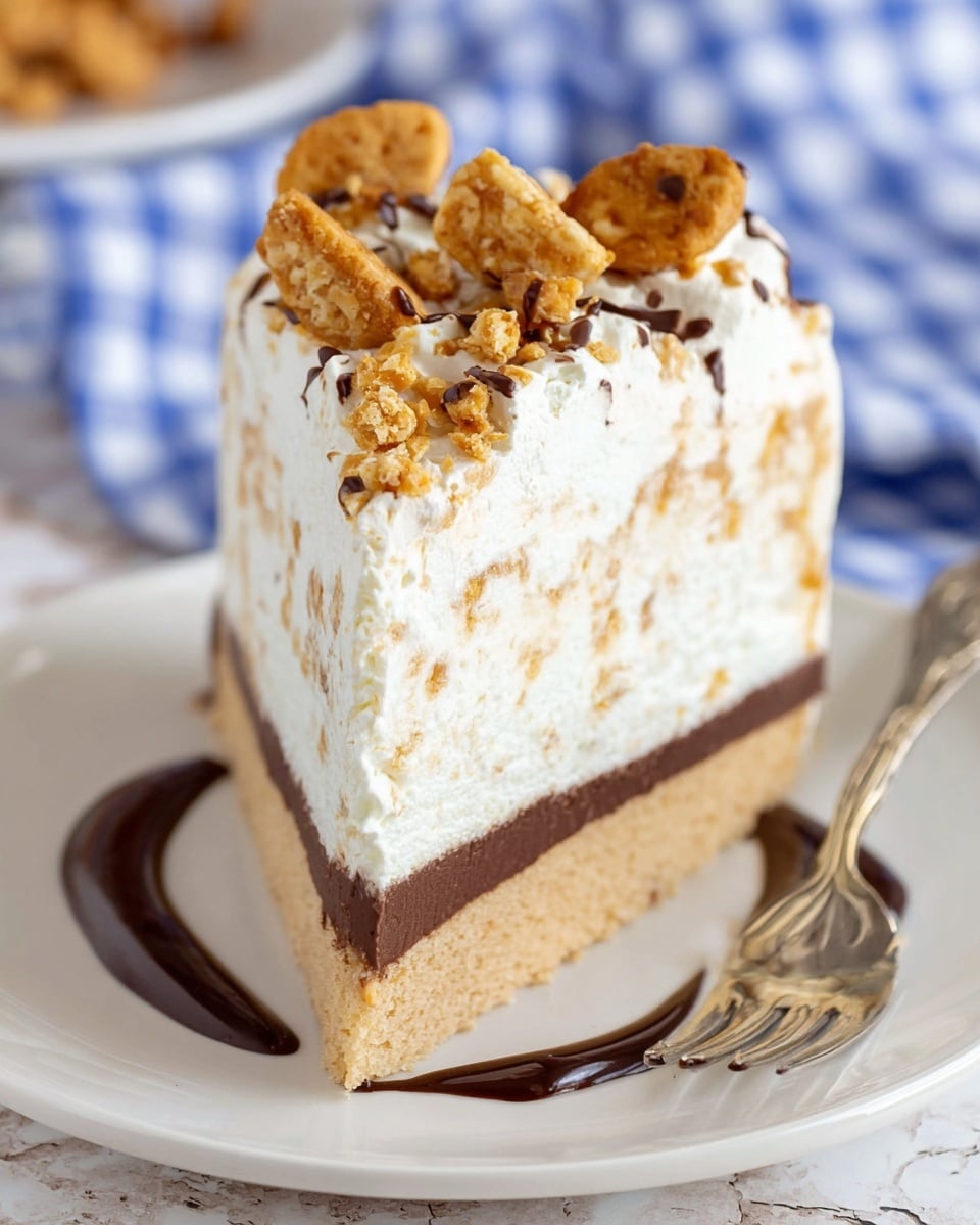A slice of cake with three layers sits on a white plate with a drizzle of chocolate sauce beneath it. The bottom layer is a light brown, soft cake. Above it is a thin dark brown layer of chocolate spread. The middle layer is thick, white, and creamy with small bits of a crunchy golden ingredient mixed inside. The top layer is smooth, white cream, decorated with pieces of a crunchy golden topping near the edge, some resting on a thin circle of dark chocolate that borders the slice. A fork rests beside the cake, on the right side, and the background is a white marbled texture with a slightly blurred blue and white checked cloth. photo taken with an iphone --ar 4:5 --v 7