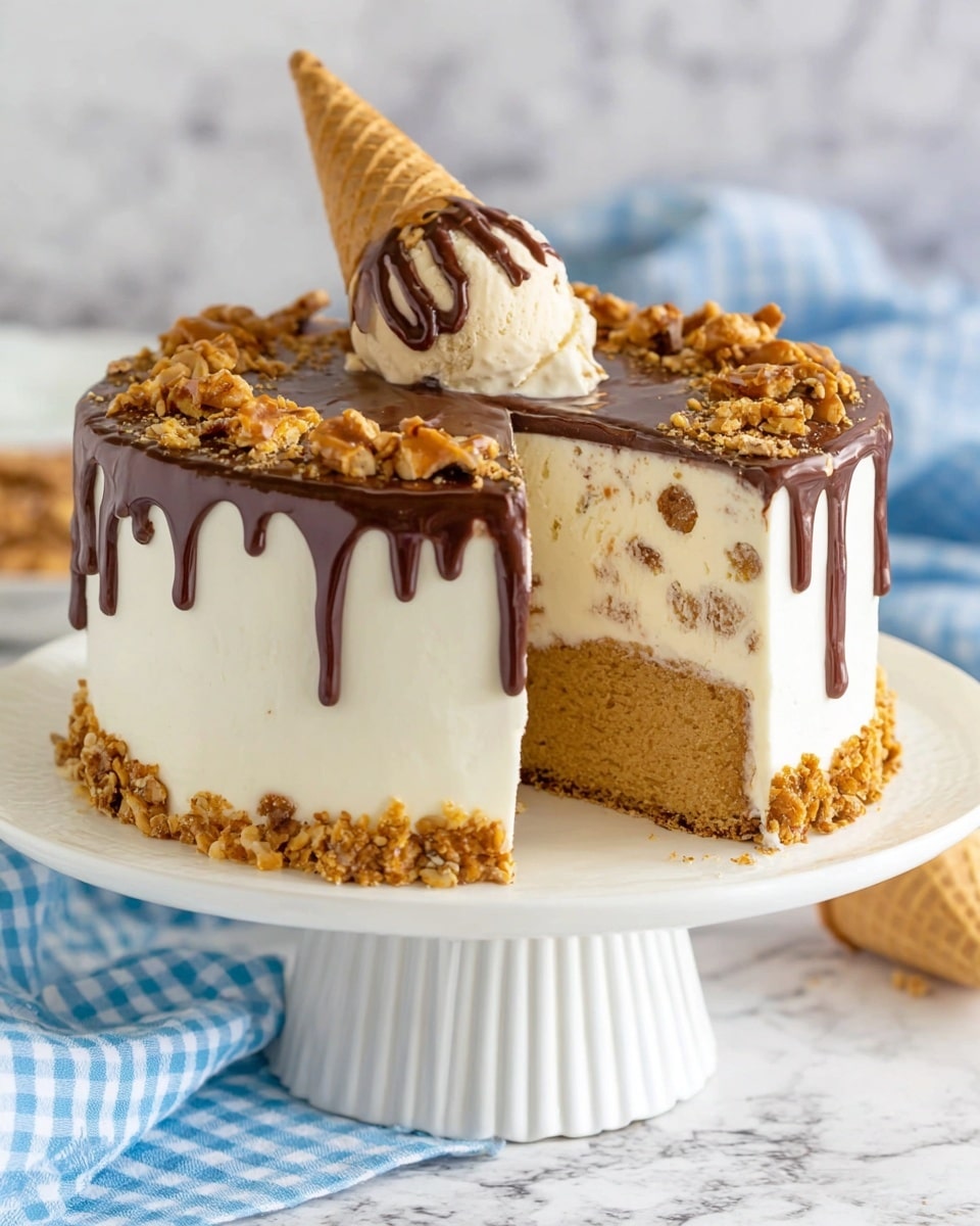 The cake shows two thick layers: a bottom layer of light brown cake and a top layer of white ice cream mixed with bits inside. The outside is covered smoothly with white frosting. Chocolate sauce drips down the sides, starting from the edge of the top layer. There are small pieces of crunchy topping around the edge on top. A small ice cream cone dipped in chocolate lies on the top center, tilted sideways. The cake sits on a white plate with a twisty white stand, all on a white marbled surface with a blue checked cloth in the background. Photo taken with an iphone --ar 4:5 --v 7