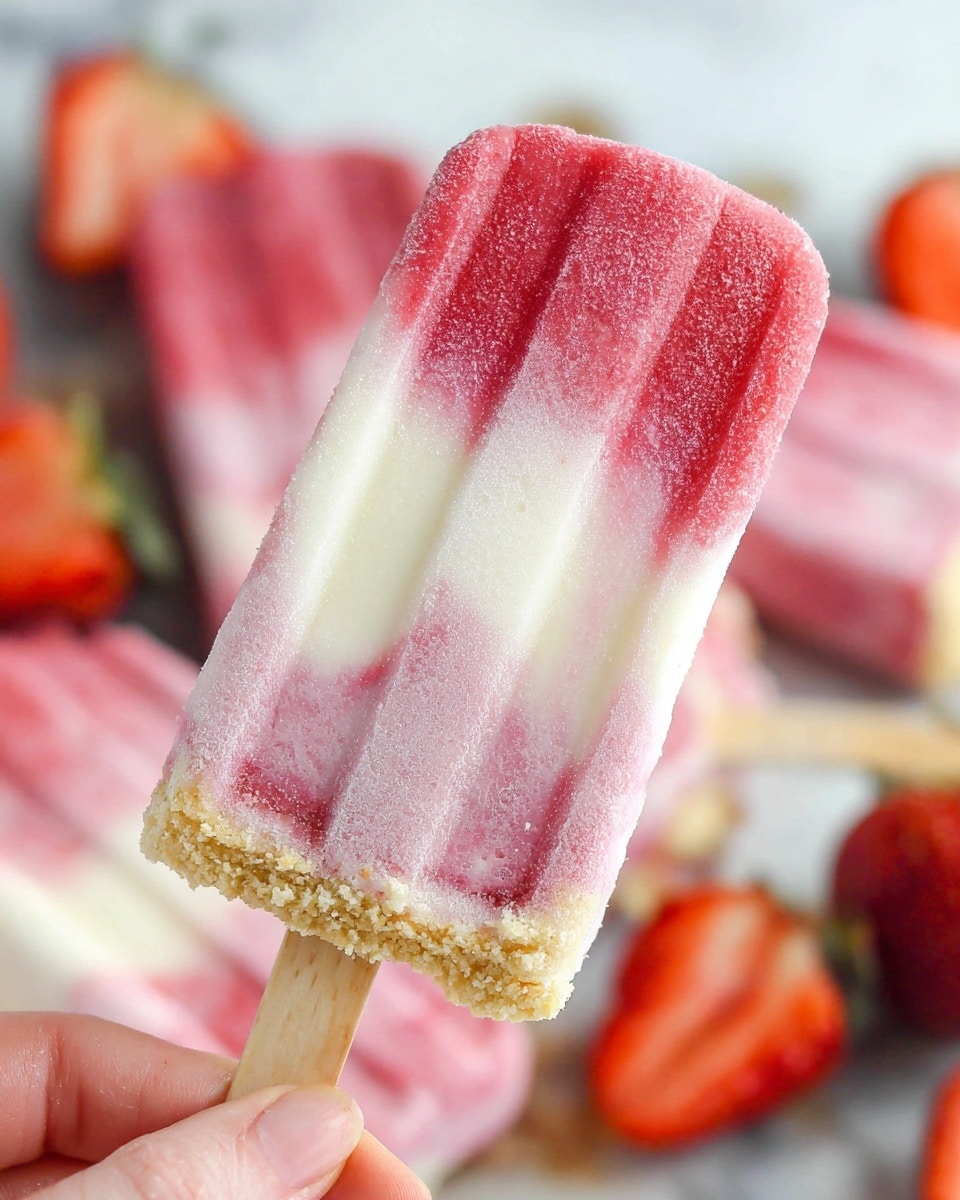 The image shows a frozen popsicle with three visible layers held by a woman's hand. The top layer is a bright pink color with a smooth but slightly ridged texture. The middle layer is creamy white with a soft, slightly grainy look. The bottom layer is a mix of pink and white with streaks that blend together, and the very base has a crumbly light brown crust. The background has a white marbled texture, and some whole strawberries and more popsicles are blurred out in the back. The photo was taken with an iphone --ar 4:5 --v 7