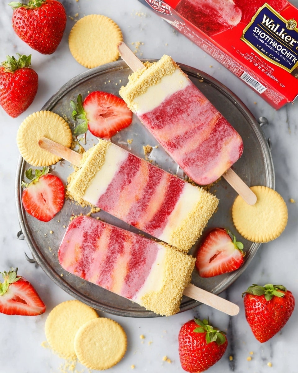 The image shows four popsicles on a round metal tray. Each popsicle has three layers: a crushed cookie crumb layer on the bottom, a white creamy middle layer, and a top pinkish-red fruit layer with visible strawberry pieces, creating a textured striped look on the surface. Around the tray, there are whole and half strawberries, and several round pale yellow cookies scattered on a white marbled surface. A red box of Walker's Shortbread is placed near the top right corner of the image. The colors are bright and fresh, with a mix of pink, white, yellow, and red, making it look cool and refreshing. photo taken with an iphone --ar 4:5 --v 7