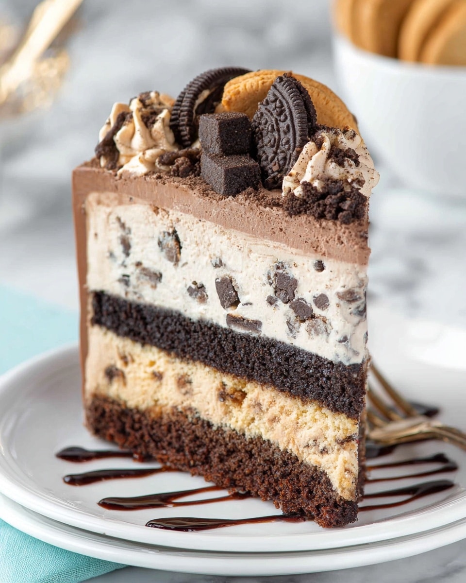 A tall slice of layered cake sits on a white plate with dark chocolate sauce drizzled underneath. The bottom layer is a dense, dark brown cake, topped by a thick light beige cream layer with chocolate chip pieces. Above this is a thin smooth dark chocolate layer, followed by a thick cookies and cream cream layer with visible cookie bits. The top layer is a smooth milk chocolate frosting covered with crushed cookies. On top, there is a small square of dark chocolate cake, a quarter of a chocolate chip cookie, and pieces of cookies with cream. The background is a white marbled surface with a slightly blurred white bowl in the back. Photo taken with an iphone --ar 4:5 --v 7