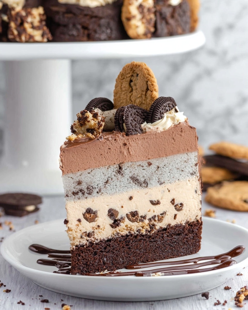 A slice of layered cake sits on a white plate with chocolate drizzle and cookie crumbs scattered around. The cake has five layers: a dark brown dense bottom layer, a light beige creamy layer with chocolate chips, a thin smooth chocolate ganache layer, a cookies and cream textured light gray layer, and a top layer of rich chocolate frosting. On top, there are small pieces of brownie, mini Oreo cookies, and a large chocolate chip cookie piece standing upright. In the background, the whole cake is on a white cake stand with more cookies and brownies, all placed on a white marbled surface. Photo taken with an iphone --ar 4:5 --v 7
