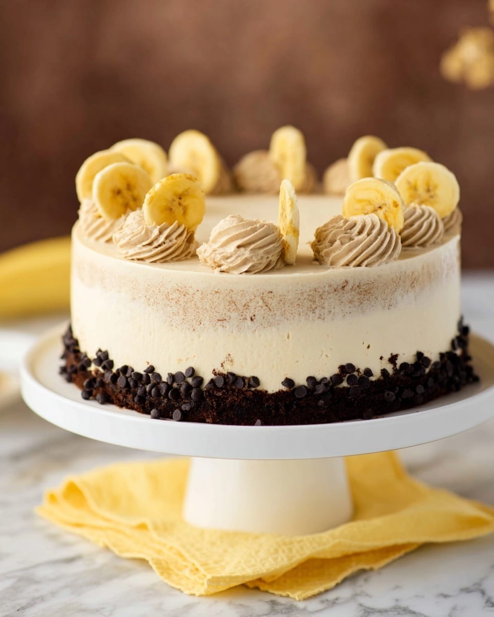 The image shows a round cake on a white cake stand, placed on a yellow napkin over a white marbled surface. The cake has two visible layers: a bottom dark chocolate layer and a thicker creamy beige top layer with a slightly rough texture. Around the base of the cake, there are small dark chocolate chips forming a ring. On top, there are evenly spaced swirls of beige cream, each topped with a thin, curved slice of dried banana. The background is softly blurred with warm brown tones, highlighting the cake in the front. Photo taken with an iphone --ar 4:5 --v 7