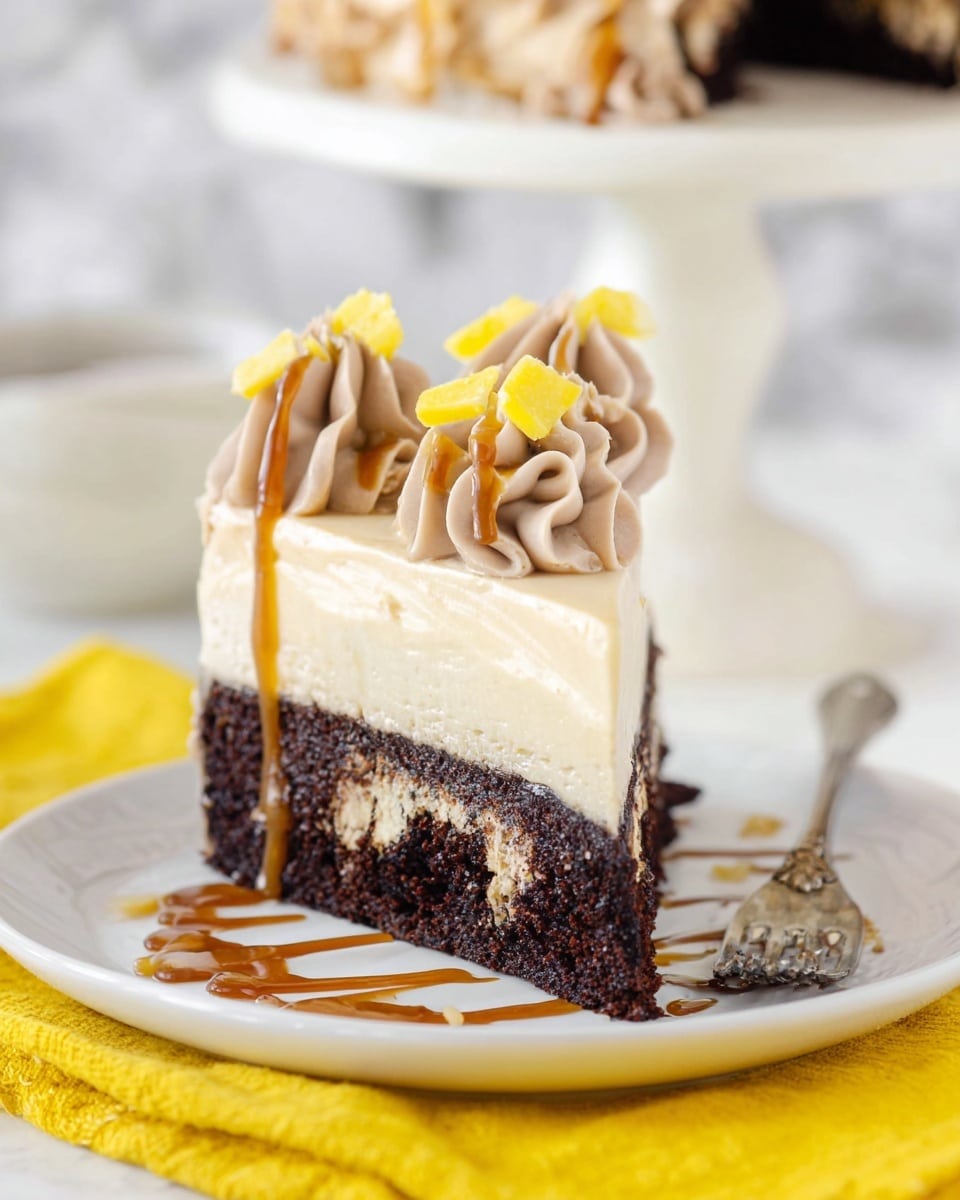 A slice of cake with two main layers sits on a white plate with a vintage silver fork beside it. The bottom layer is dark brown, moist, and slightly dense, with some lighter spots suggesting texture inside. The top layer is thick, smooth, and light beige, looking creamy and firm. On top of the cake, there are three swirls of light brown frosting, each decorated with a thin yellow chip. Drizzles of dark brown and golden caramel sauce run over the frosting and onto the plate below, adding color contrast. The plate rests on a bright yellow cloth, and the background is a soft white marbled texture, with a white cake stand and an out-of-focus bowl also present. photo taken with an iphone --ar 4:5 --v 7