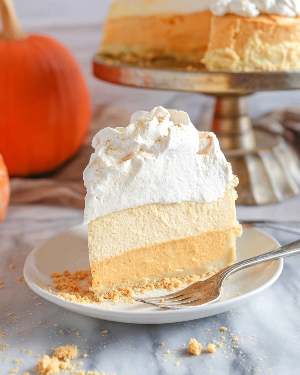 A slice of pie with three main layers sits on a white plate with a metal fork beside it. The bottom layer is a light golden crust, firm and crumbly. Above this are two thick creamy layers in a pale orange color with a smooth, soft texture. The top is finished with a thick layer of white whipped topping that has soft peaks and a fluffy look. Crumbs are scattered around the plate, and in the background, there is a small orange pumpkin and a metal cake stand holding more slices of the same pie, all set against a white marbled surface. Photo taken with an iphone --ar 4:5 --v 7