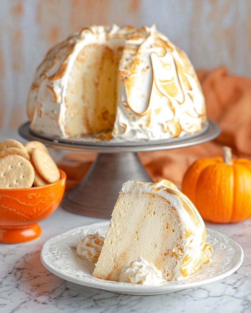 A large slice of tall, light beige cake sits on a white plate with delicate patterns, the cake showing two thick, creamy layers with a soft texture. The outside is covered with white meringue that has swirls of golden brown from toasting, giving a light crunchy look. Behind the slice, the rest of the cake is on a metal cake stand, showcasing its full dome shape and the same toasted meringue outside. On one side, an orange bowl holds round beige crackers, and a bright orange small pumpkin is on the other side. The whole scene is set on a white marbled surface with soft lighting. Photo taken with an iphone --ar 4:5 --v 7