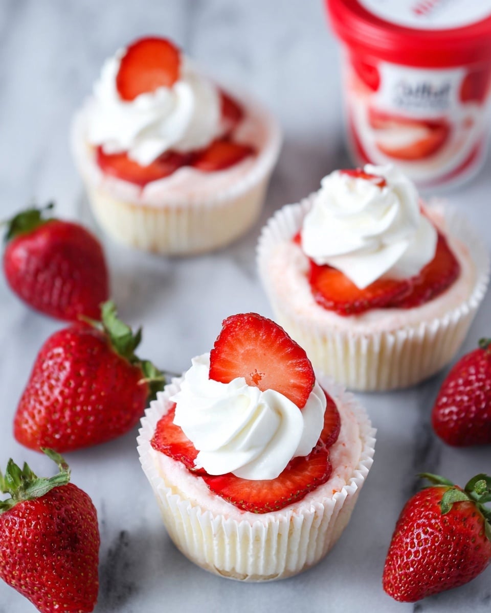 The image shows three small cupcakes inside white paper cups, each with a light pink base layer. On top of each cupcake, there are two to three thin slices of red strawberries placed flat, forming a small layer of red with seeds visible. Above the strawberry slices, there is a swirl of white whipped cream, soft and fluffy in texture, with one additional strawberry slice standing upright on the edge of the whipped cream on one cupcake. Around the cupcakes, there are some whole, bright red strawberries with green leafy tops. To the right side, a small red and white yogurt container is visible, slightly blurred. The entire scene is set on a white marbled surface. Photo taken with an iphone --ar 4:5 --v 7