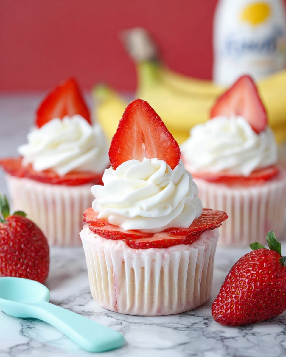 The image shows a close-up of three cupcakes, each with a base wrapped in a white paper liner. The cupcakes have a soft pink layer topped with thin red strawberry slices. On top of the strawberry slices, there is a swirl of white whipped cream. Each cupcake is finished with a fresh, bright red strawberry slice standing upright into the whipped cream. Around the cupcakes, there are whole strawberries, a yellow banana in the background, and a red and white container blurred behind them, all placed on a white marbled surface. A light blue plastic spoon is visible in the lower left corner. photo taken with an iphone --ar 4:5 --v 7
