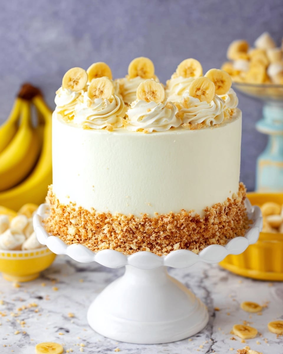 A round cake with smooth, light cream frosting covering its three layers stands on a white cake stand with a scalloped edge. The bottom third of the cake is coated with crushed golden-brown nuts or crumbs. The top edge of the cake is decorated with swirls of cream, each holding a small round banana chip. The background is a white marbled surface, and the scene includes a yellow bowl with more banana chips and a bunch of bananas. photo taken with an iphone --ar 4:5 --v 7