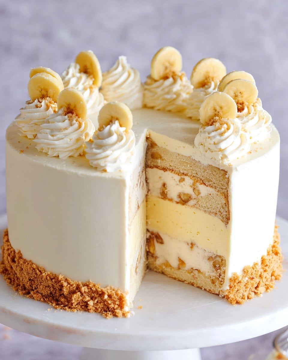 This image shows a tall, round cake on a white cake stand with white marbled texture underneath. The cake has three main layers: the top and bottom layers are light beige sponge cake, and the middle layer is thick and creamy pale yellow with small chunks inside. The outside of the cake is covered in smooth white frosting. Around the bottom edge of the cake, there is a crumbly light brown crust. On top, there are evenly spaced swirls of white cream frosting, each topped with a thin curved banana chip. A slice has been removed from the cake, revealing the inside layers clearly. Photo taken with an iphone --ar 4:5 --v 7